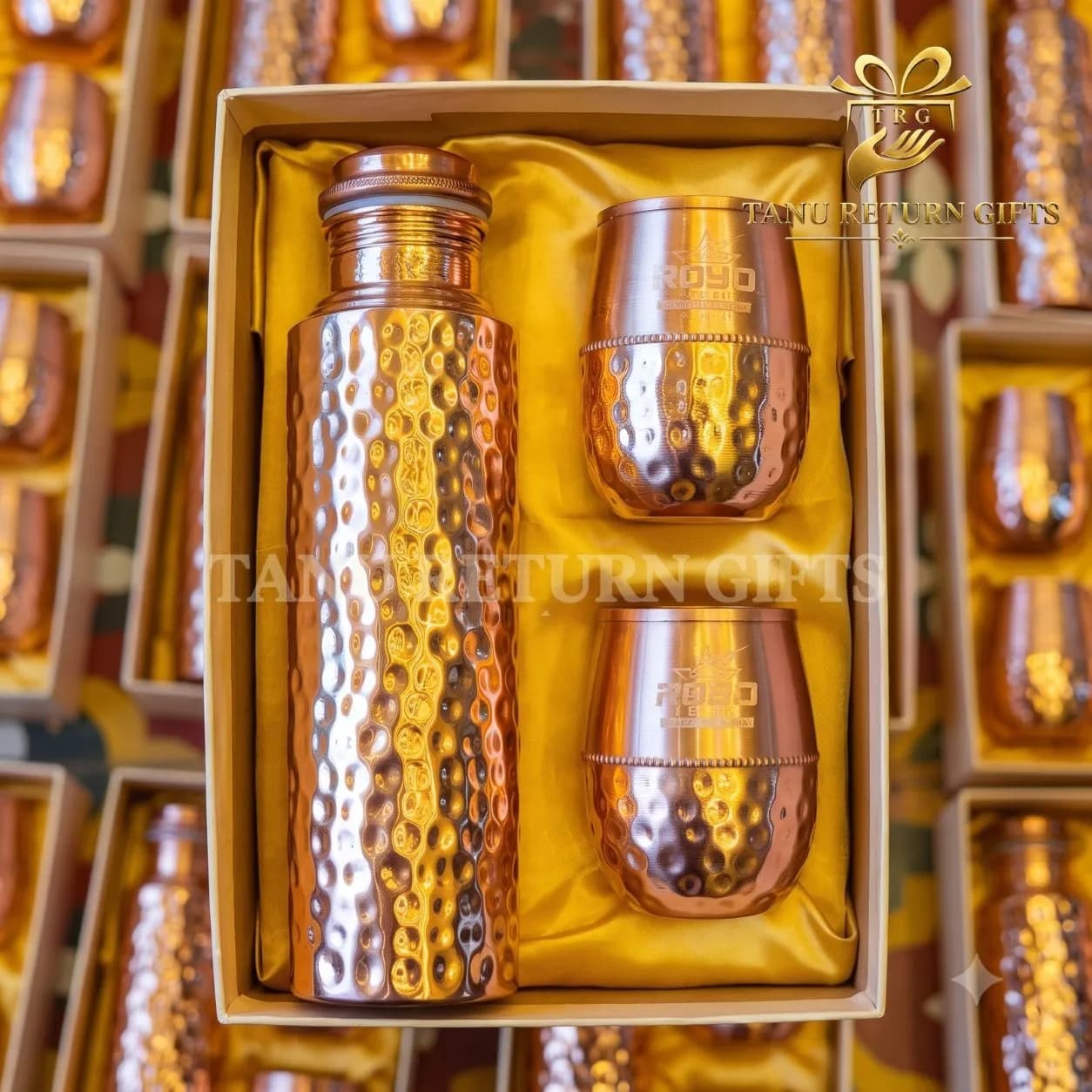 Hammered Copper Water Bottle with Two Cups - Image 2